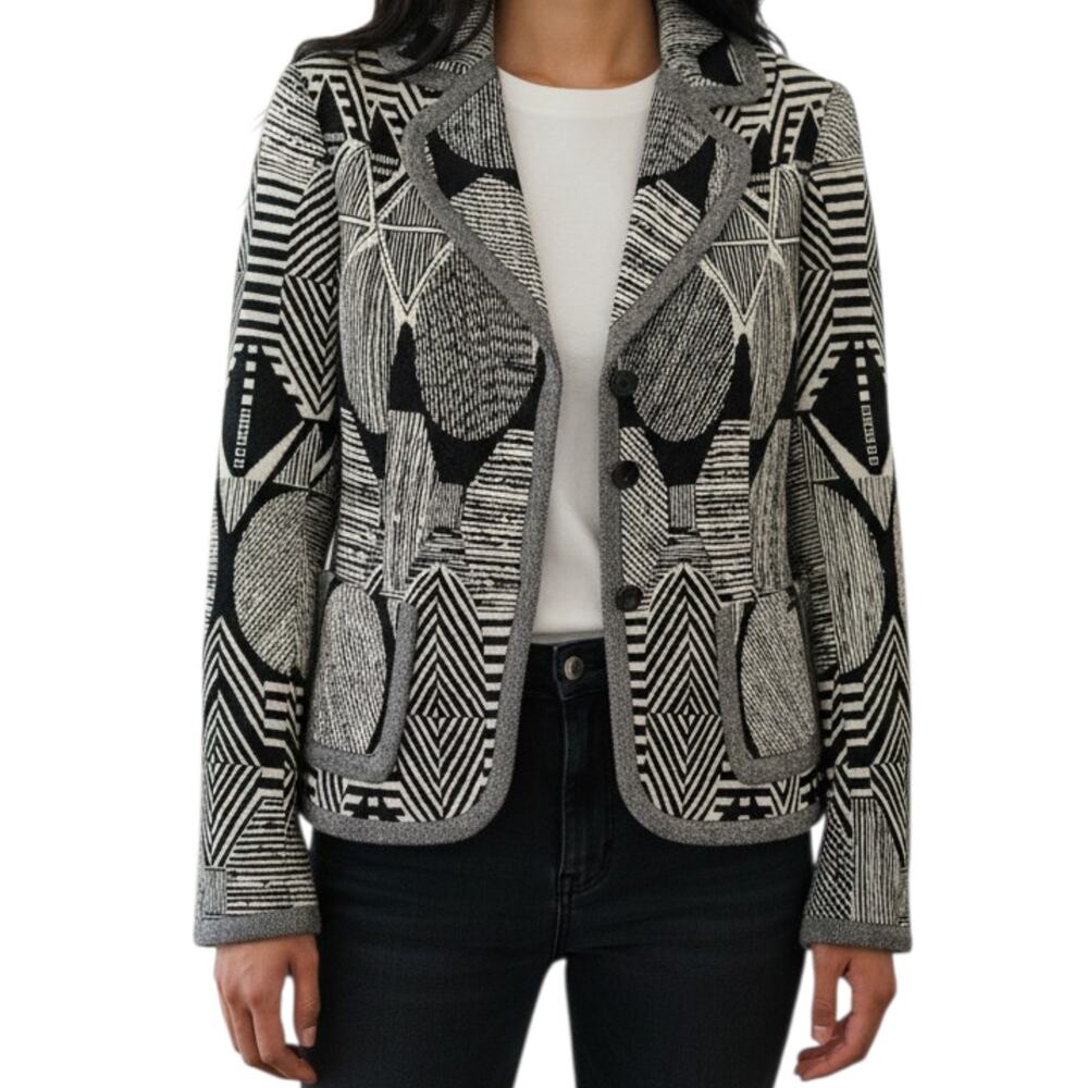Vintage Womens Adolfo Dominguez Blazer Jacket Black Geometric Collar  US 8 EU 49